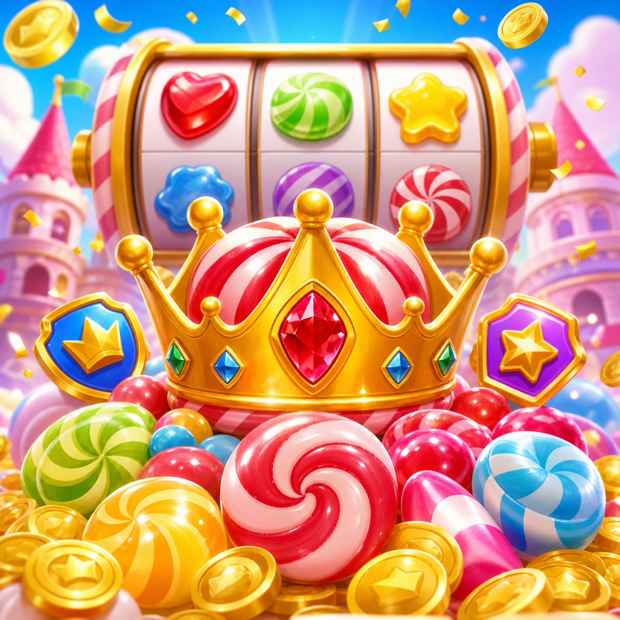 Colourful social slot entertainment scene with virtual reels and tokens